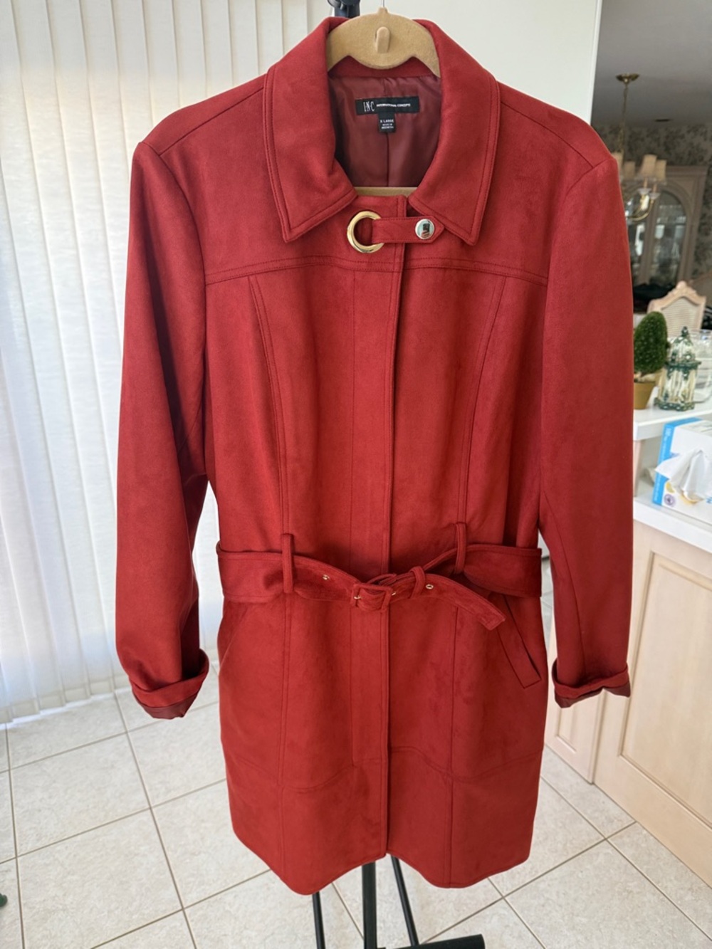 INC International Concepts Red/Rust Suede-Look Belted Trench Coat